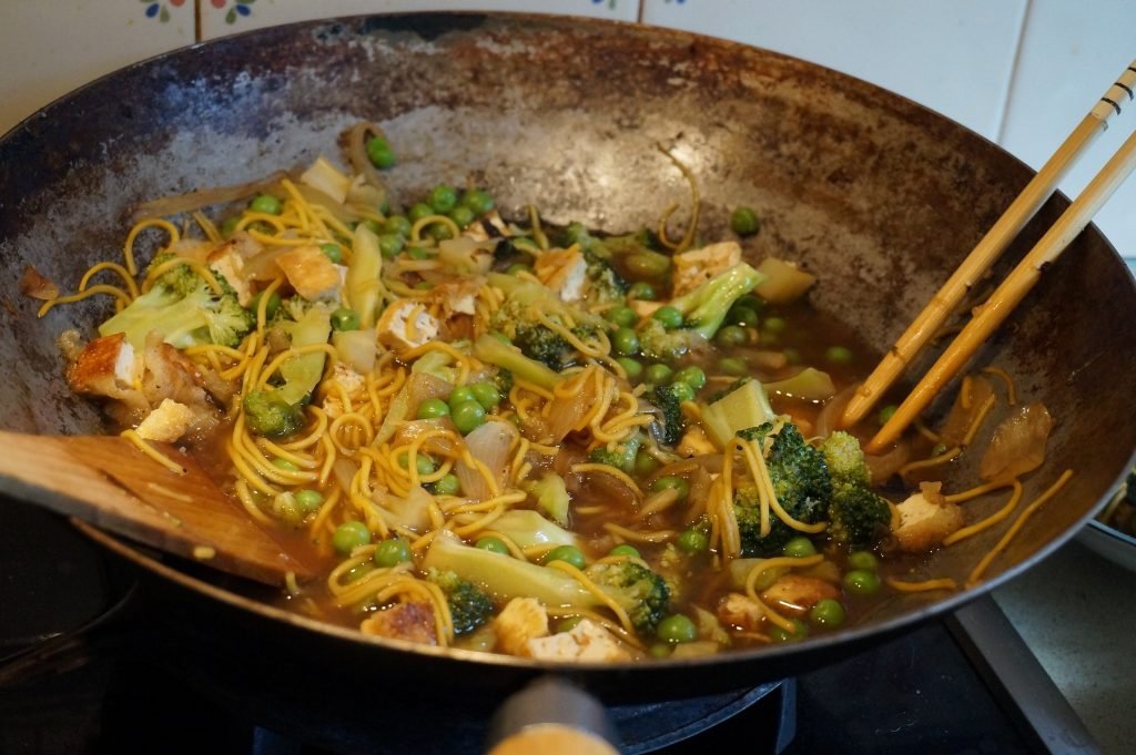 dry frying in a wok