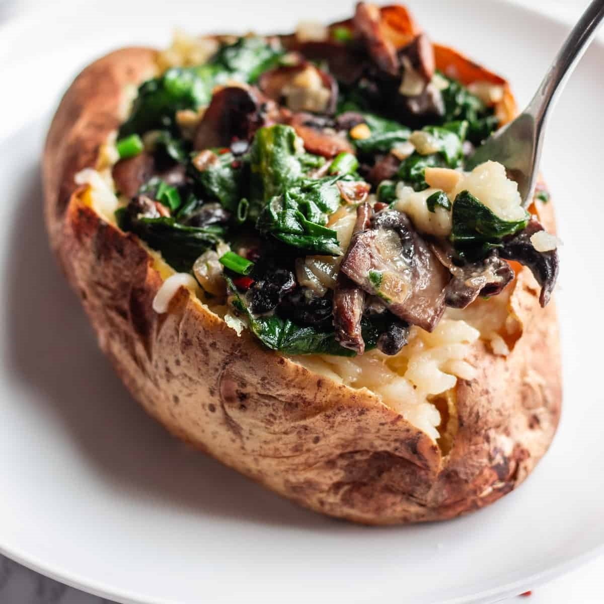 Healthy Vegan Baked Potato Loaded With Spinach Mushrooms